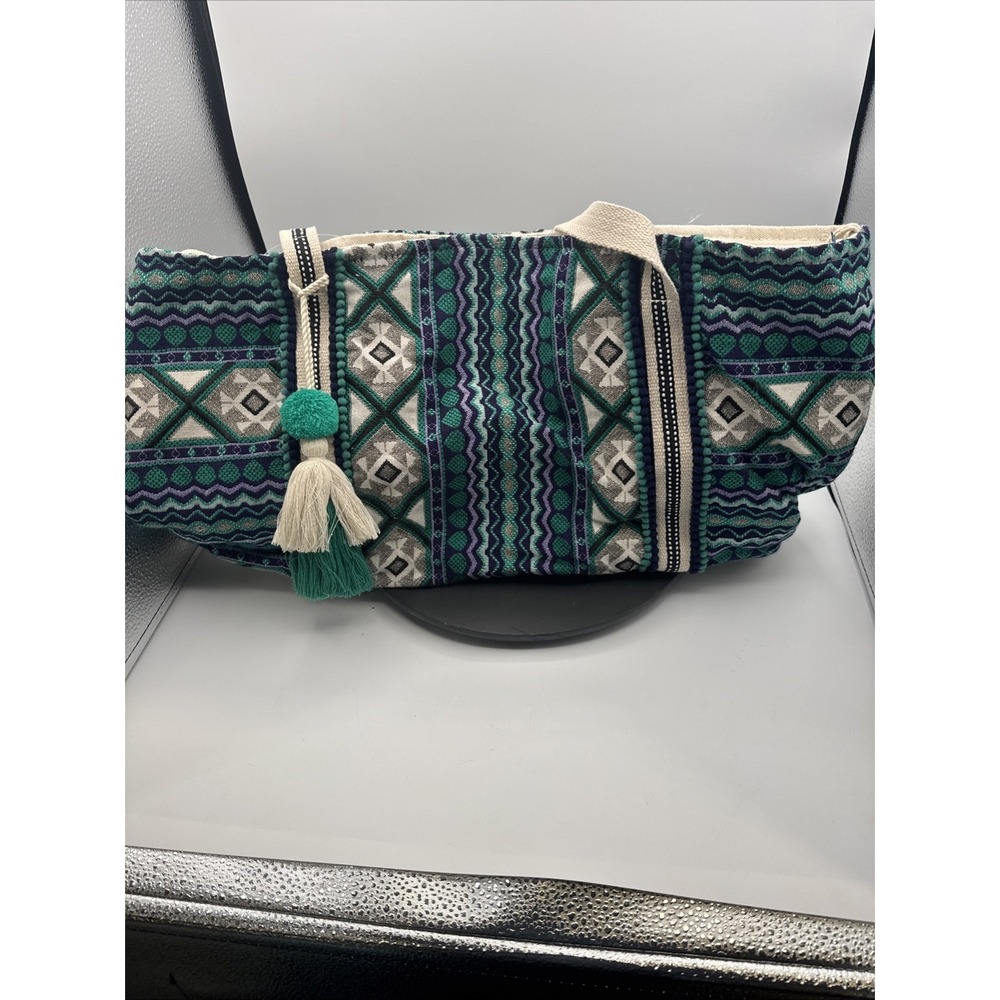 Women's Lined Woven Canvas Gym Tote Bag Mint Tribal Boho Blue Green